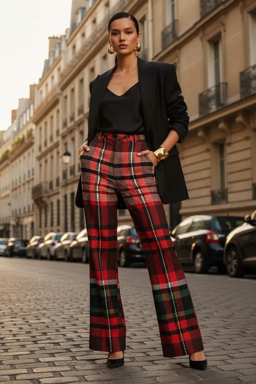 Women's red green tartan wide leg trousers stylish office wear