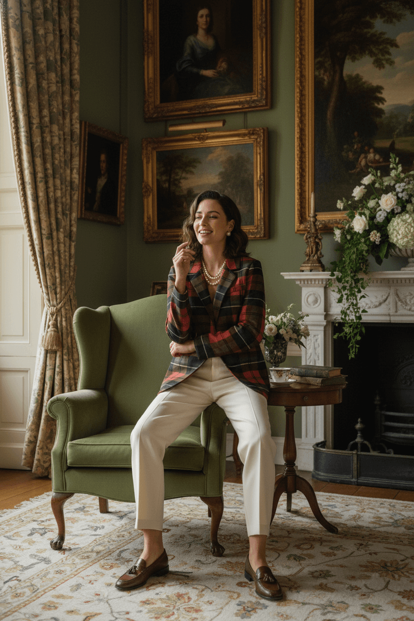 Full-body view of a woman wearing a red tartan blazer, classic Scottish plaid jacket.