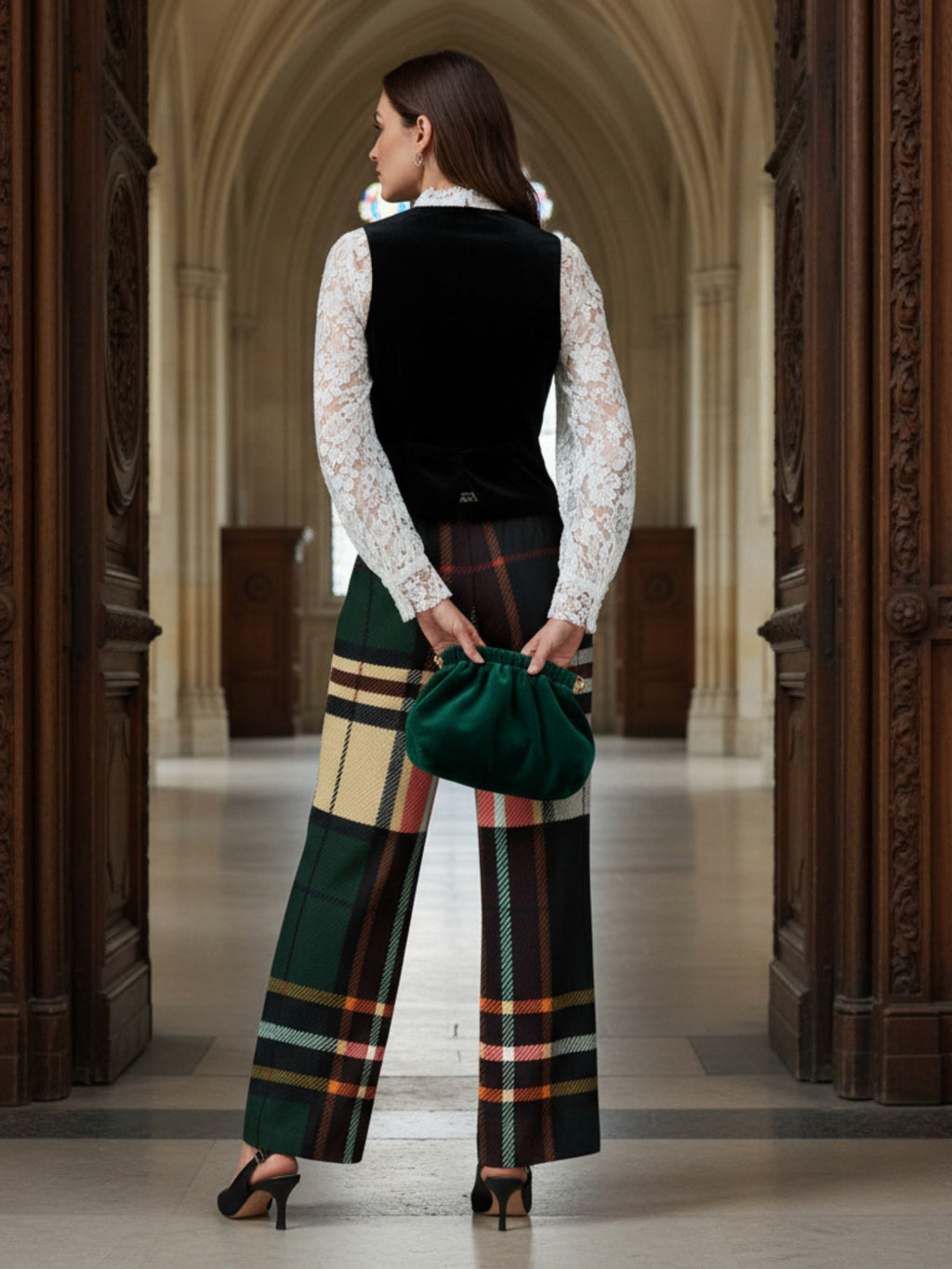 Back view of model wearing women's tartan wide-leg trousers with a black vest and white lace blouse