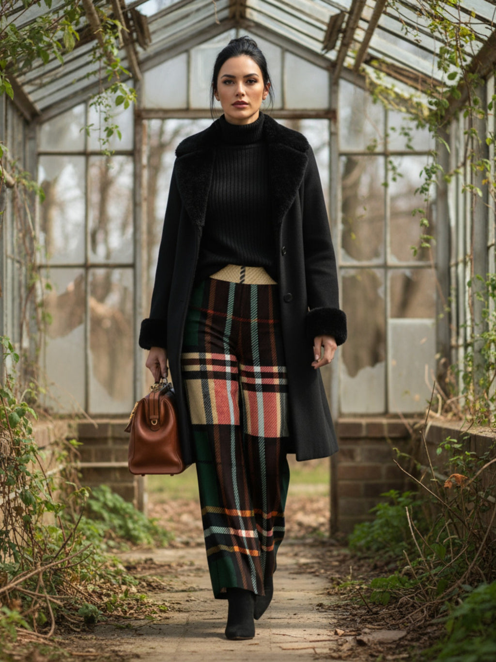 Woman wearing women's tartan wide-leg trousers with patchwork design, black coat, and carrying brown handbag