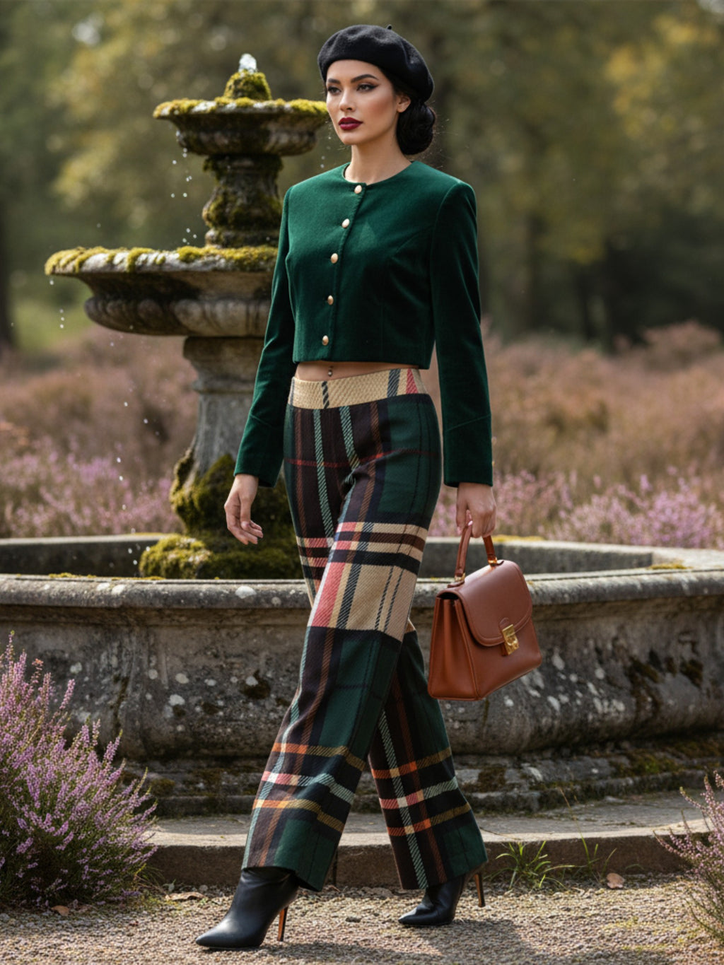 Woman wearing women's tartan wide-leg trousers with a green jacket and black beret outdoors