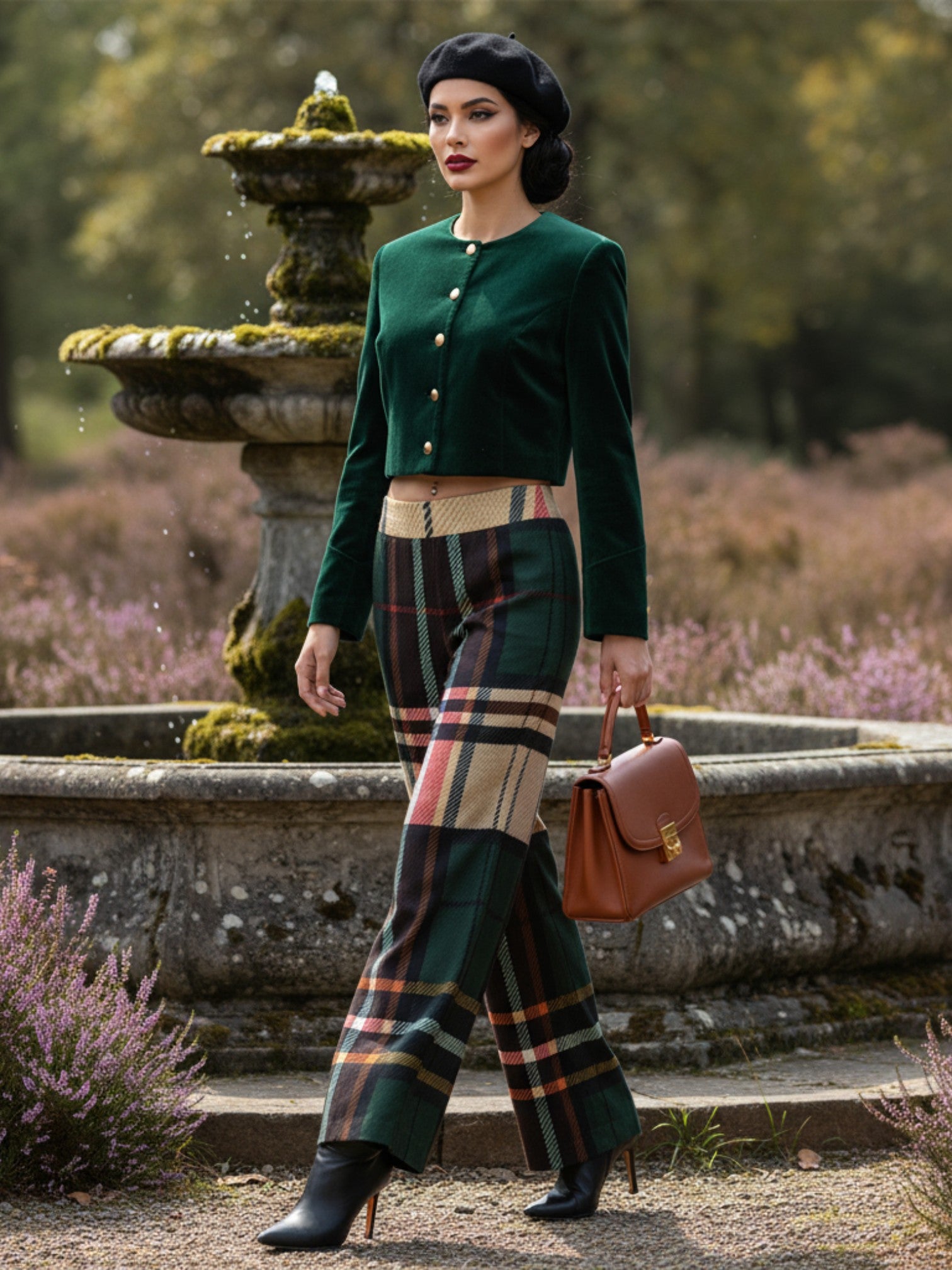 Woman wearing women's tartan wide-leg trousers with a green jacket and black beret outdoors