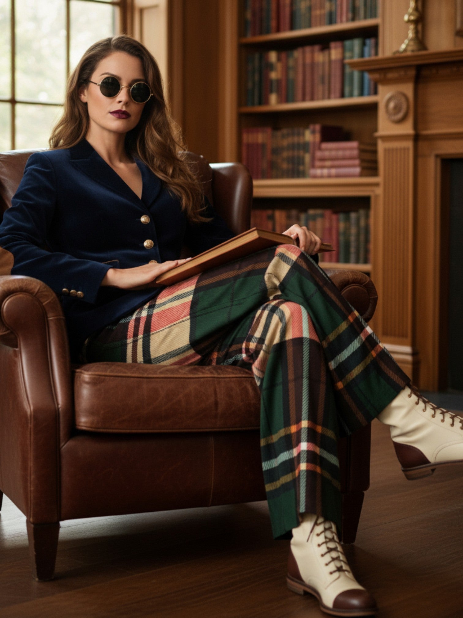 Woman sitting in leather chair wearing women's tartan wide-leg trousers with white lace-up boots