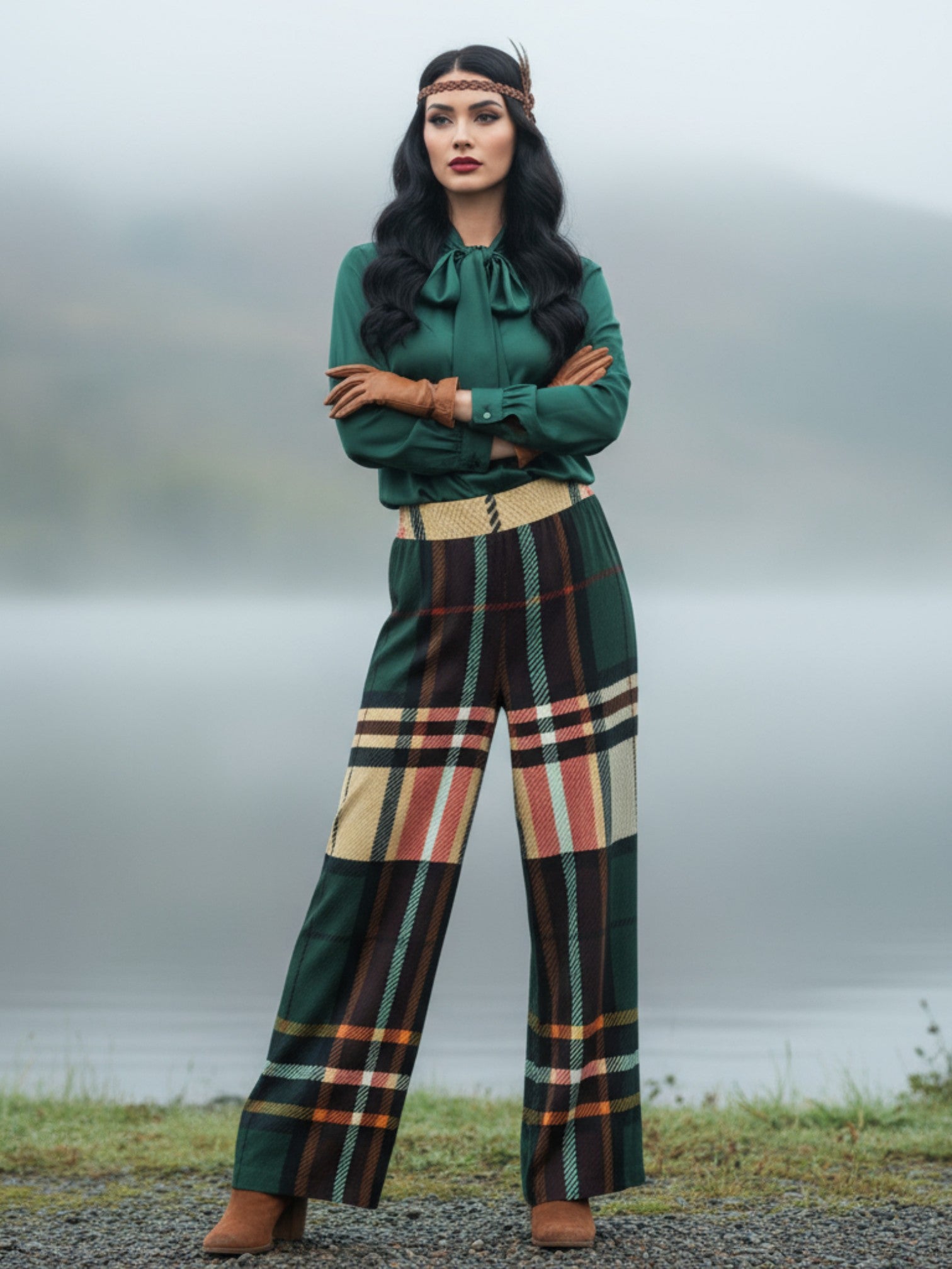 Model wearing women's tartan wide-leg trousers with high waist and large plaid pattern from Angelic Blessings Shop