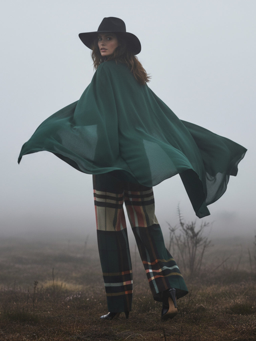 Woman wearing women's tartan wide-leg trousers with a flowing green cape and black hat in foggy outdoor setting