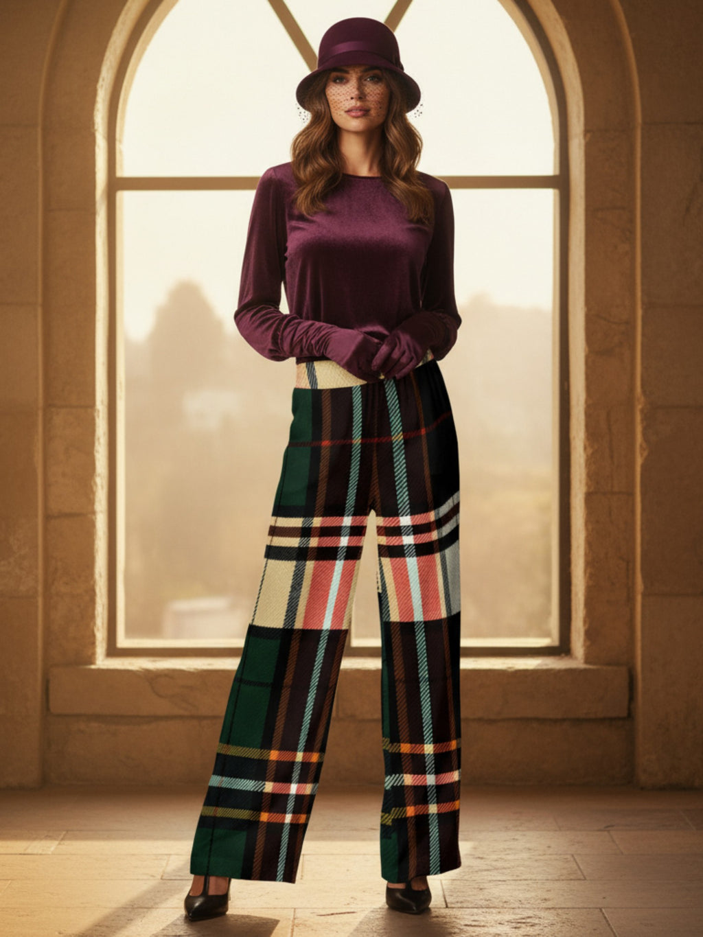 Woman wearing women's tartan wide-leg trousers with a colorful plaid pattern and a purple top and hat