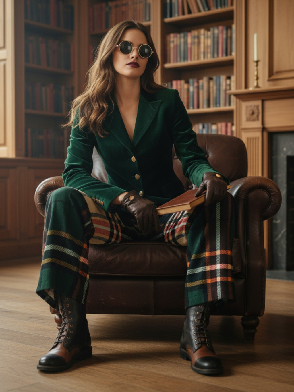 Woman wearing women's tartan wide-leg trousers in a library setting with green blazer and boots