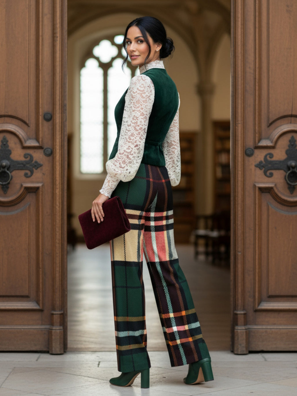 Stylish women's tartan wide-leg trousers from Angelic Blessings Shop worn with green vest and lace blouse