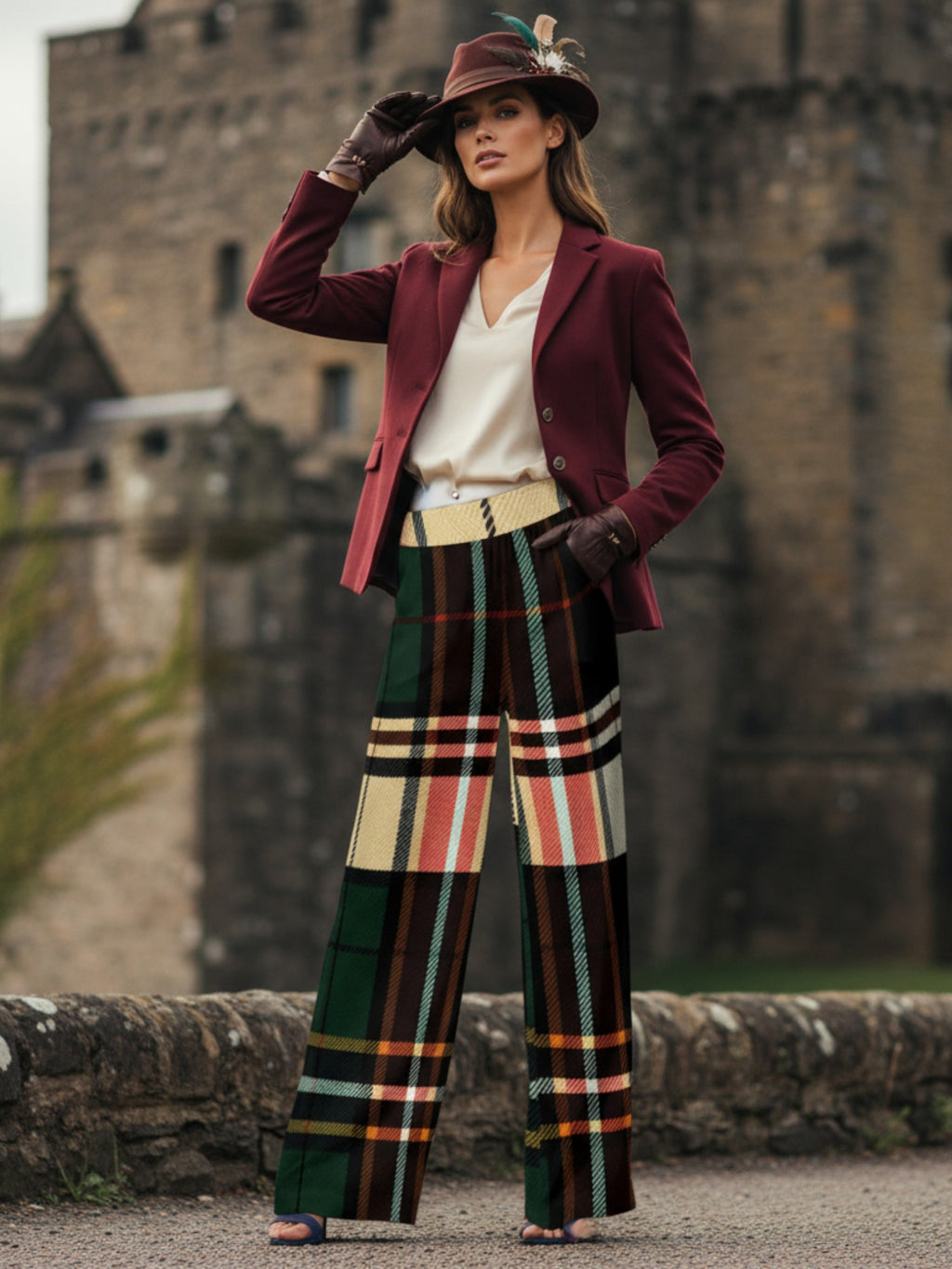 Woman wearing women's tartan wide-leg trousers styled with burgundy blazer and hat outdoors