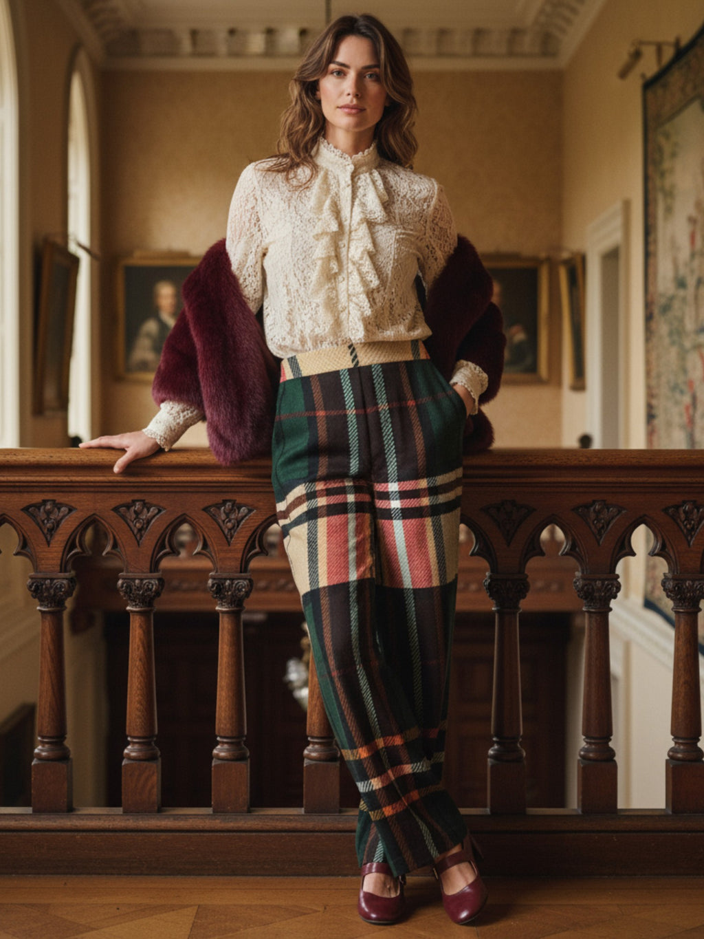 Woman wearing women's tartan wide-leg trousers with white ruffled blouse and burgundy shawl indoors