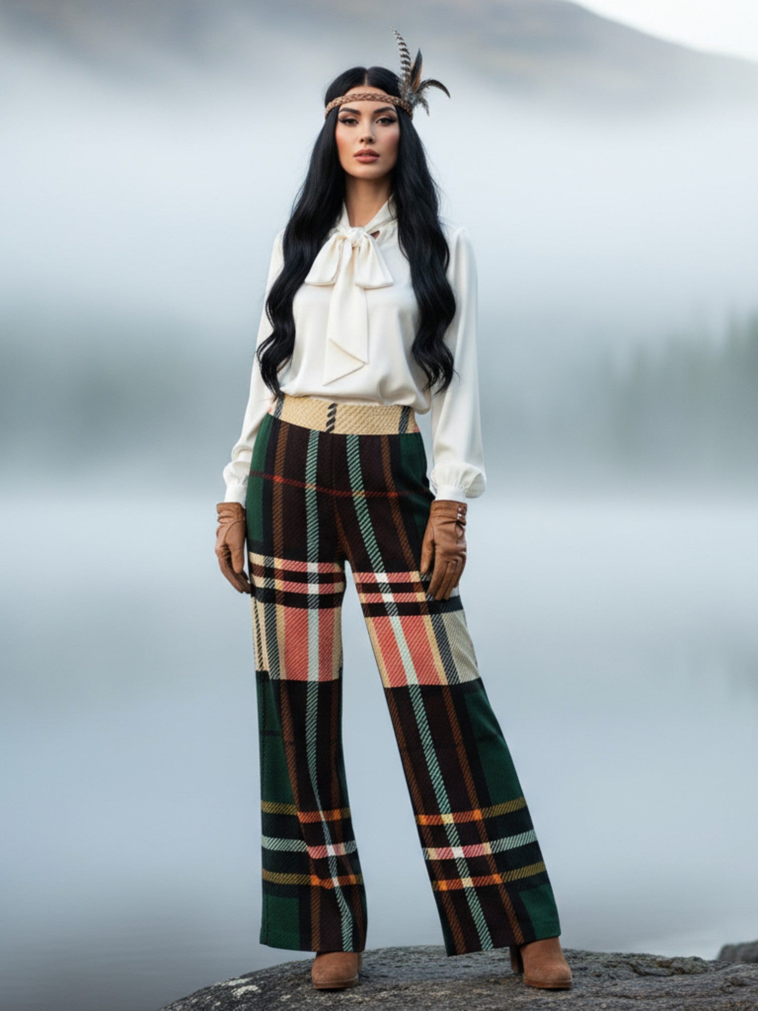 Women’s tartan wide-leg trousers in green red and beige plaid pattern styled with white blouse and brown gloves