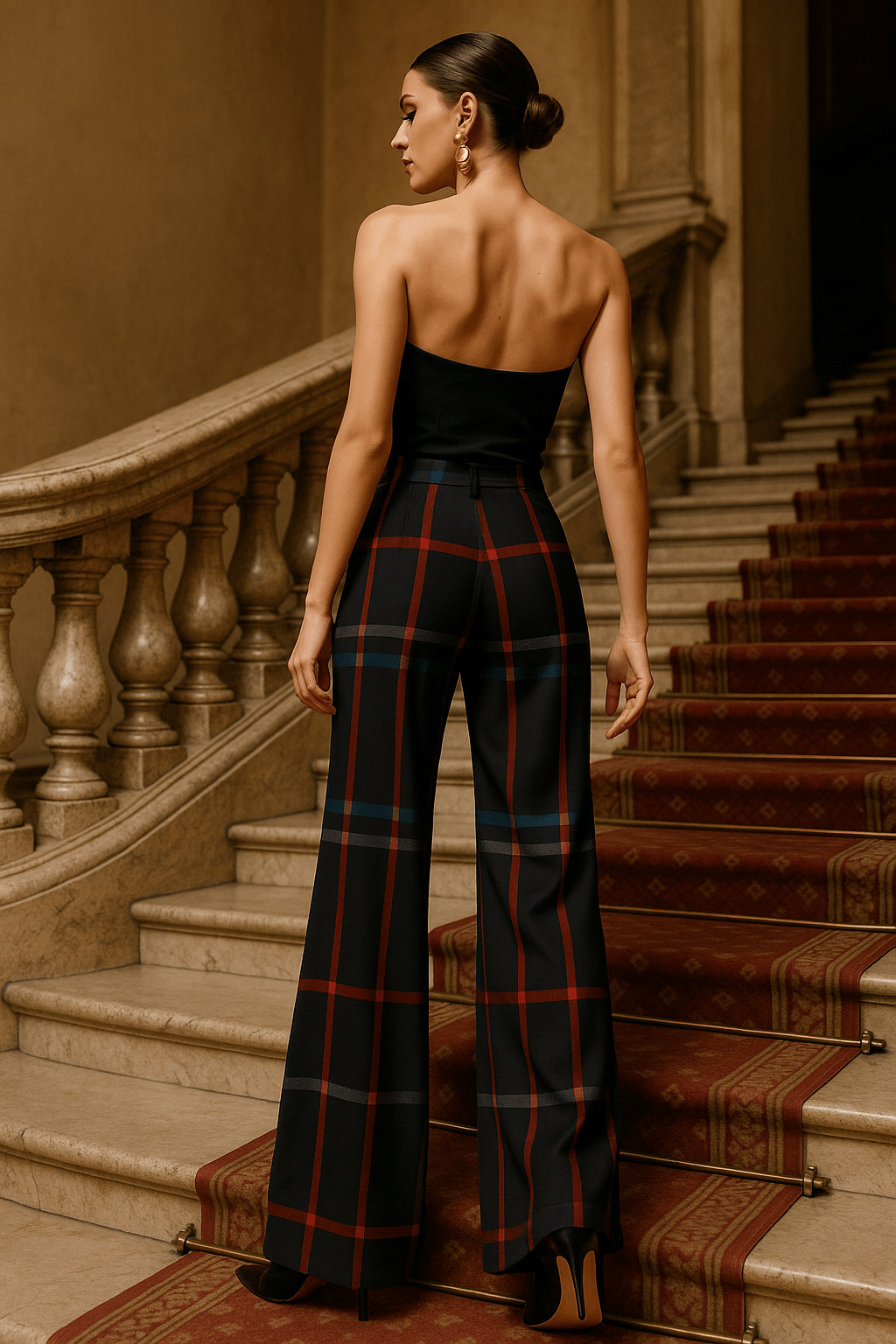 Woman wearing women's wide-leg tartan trousers with a black and red pattern standing on elegant staircase