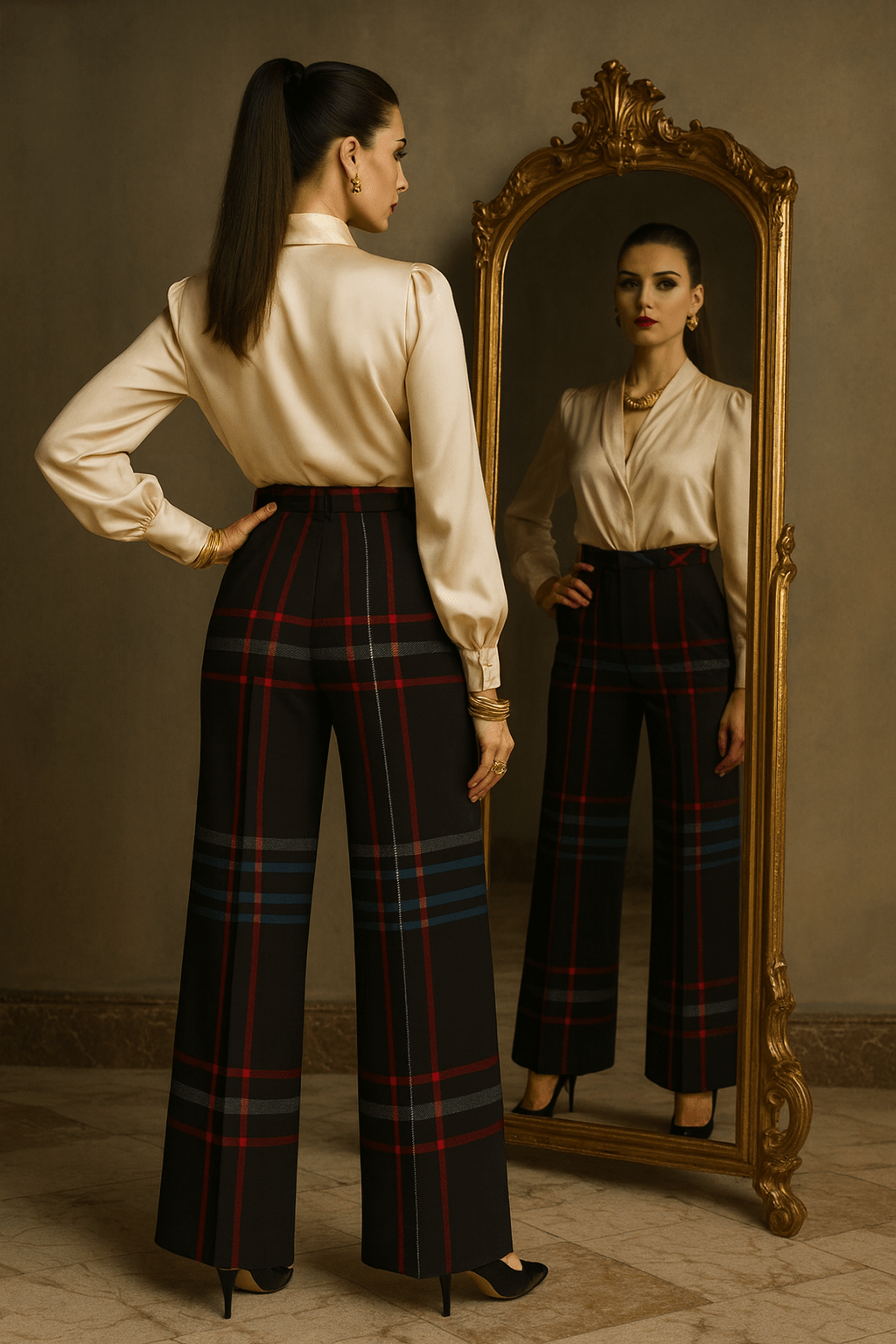 Elegant women's wide-leg tartan trousers paired with a cream blouse shown in front of an ornate mirror