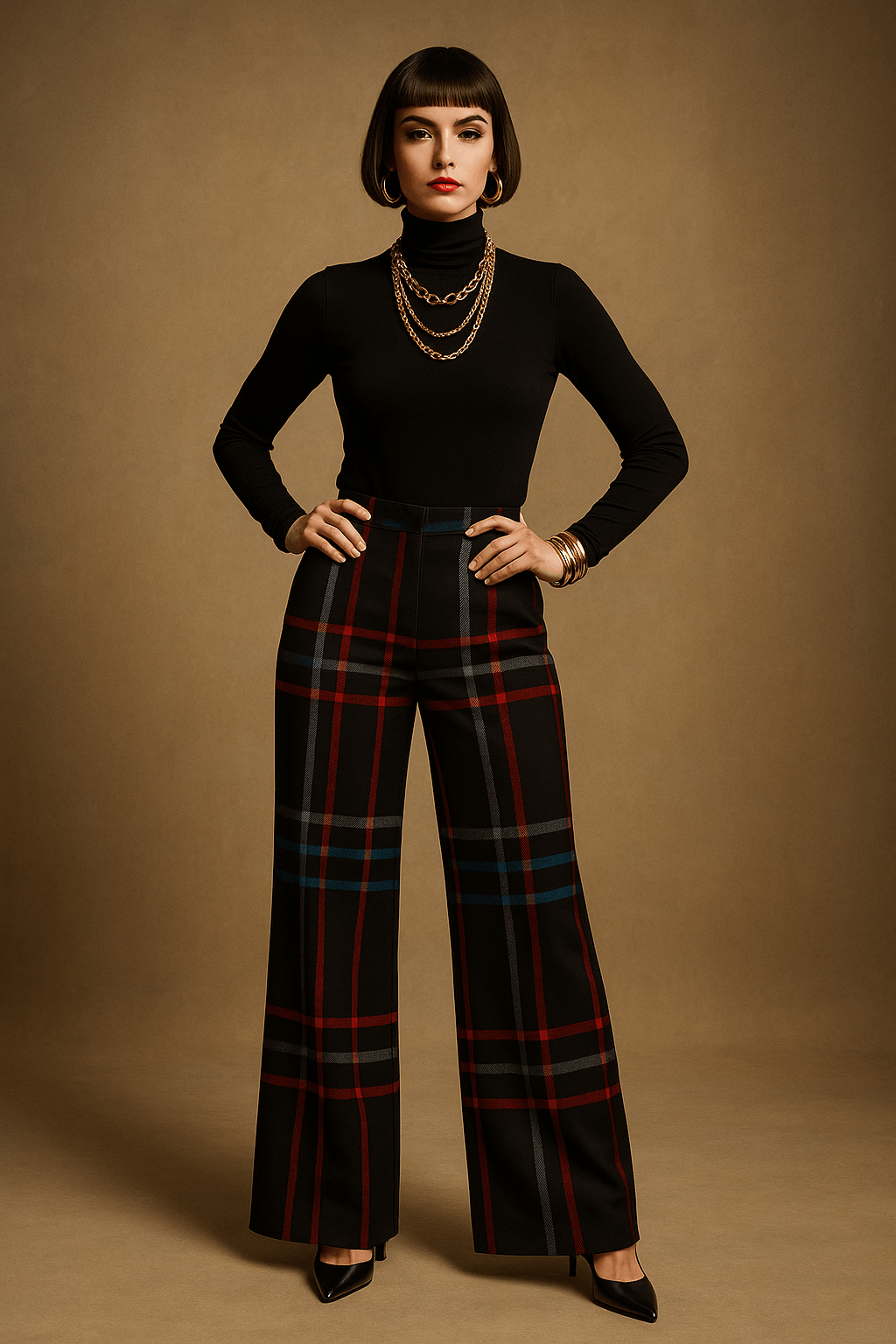 Woman wearing women's wide-leg tartan trousers with black red and blue plaid pattern from Angelic Blessings Shop