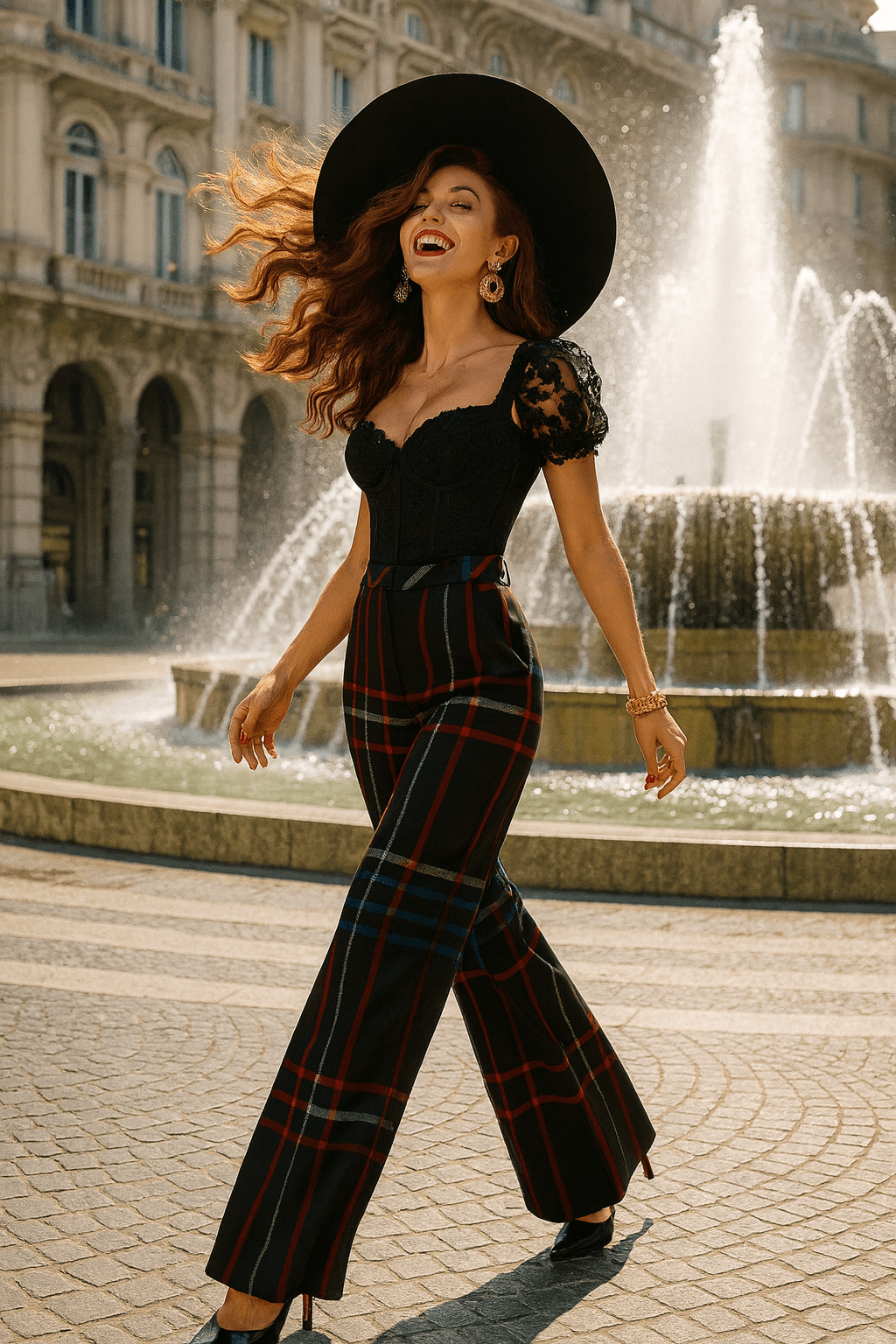 Woman wearing women's wide-leg tartan trousers and black top walking by a fountain in city