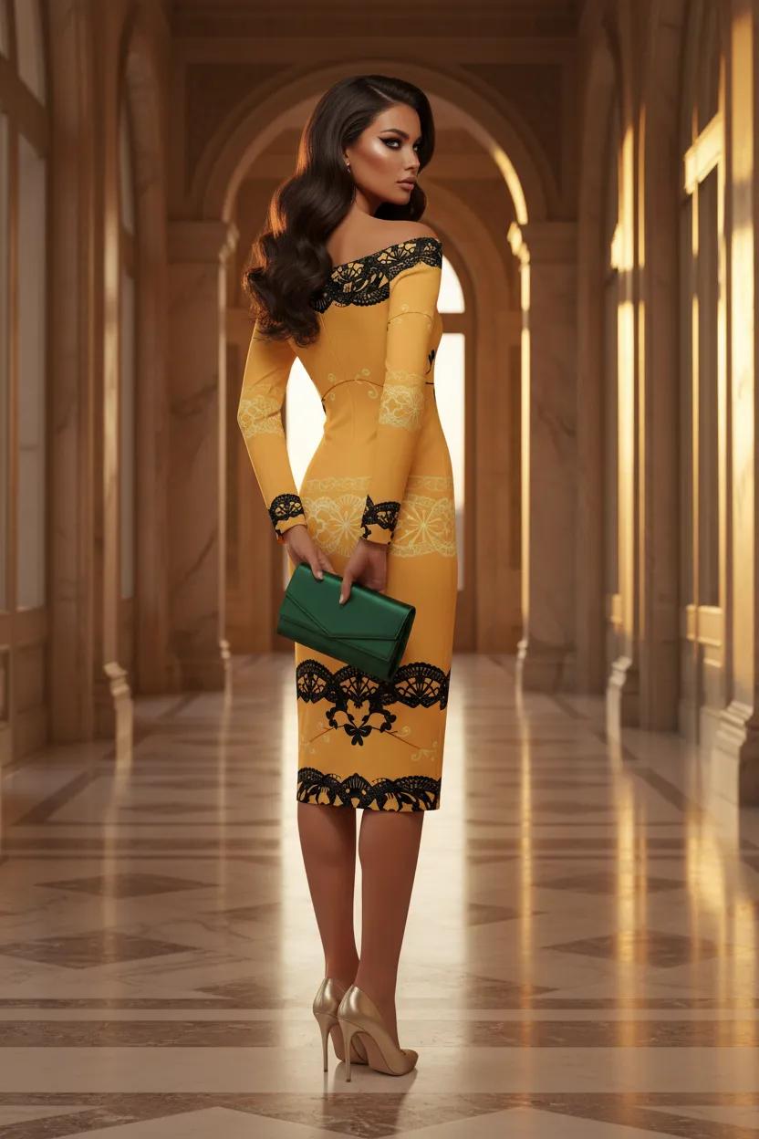 Luxury evening and bodycon dress in mustard yellow with black lace details by Angelic Blessings Shop