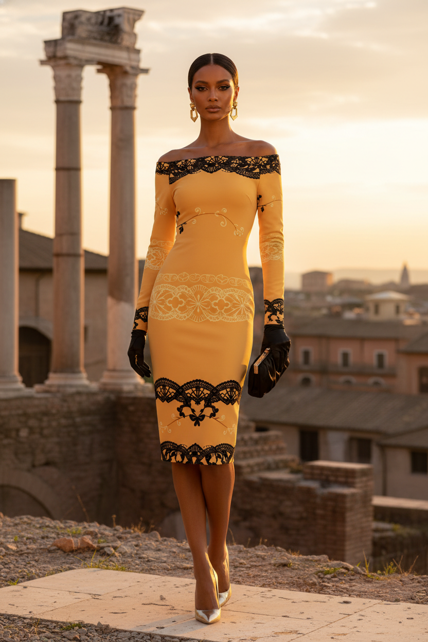Luxury Evening Dress in yellow gold and bodycon dress with black lace detailing by Angelic Blessings Shop