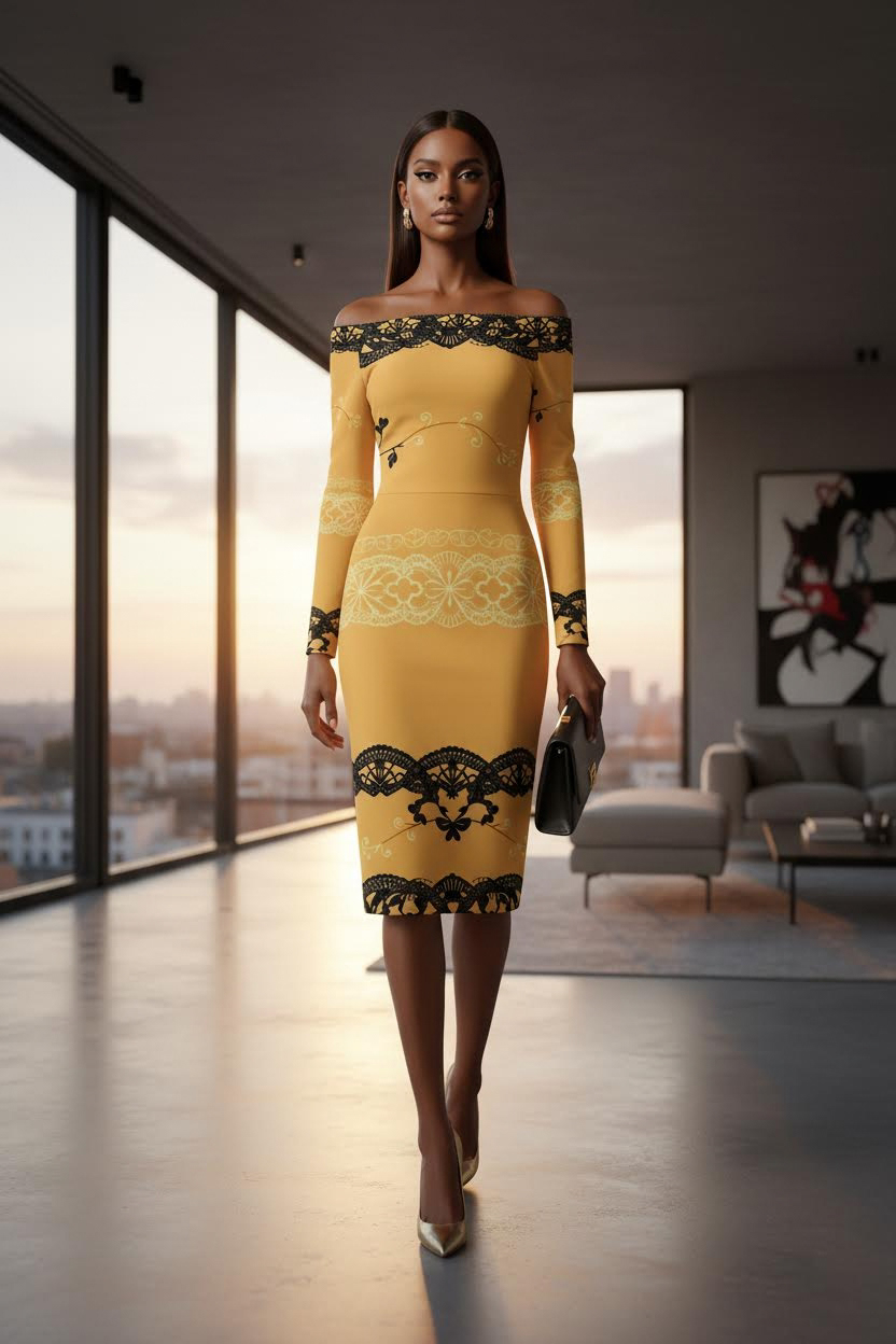 Luxury Evening Dress in mustard yellow and bodycon dress with black lace details from Angelic Blessings Shop