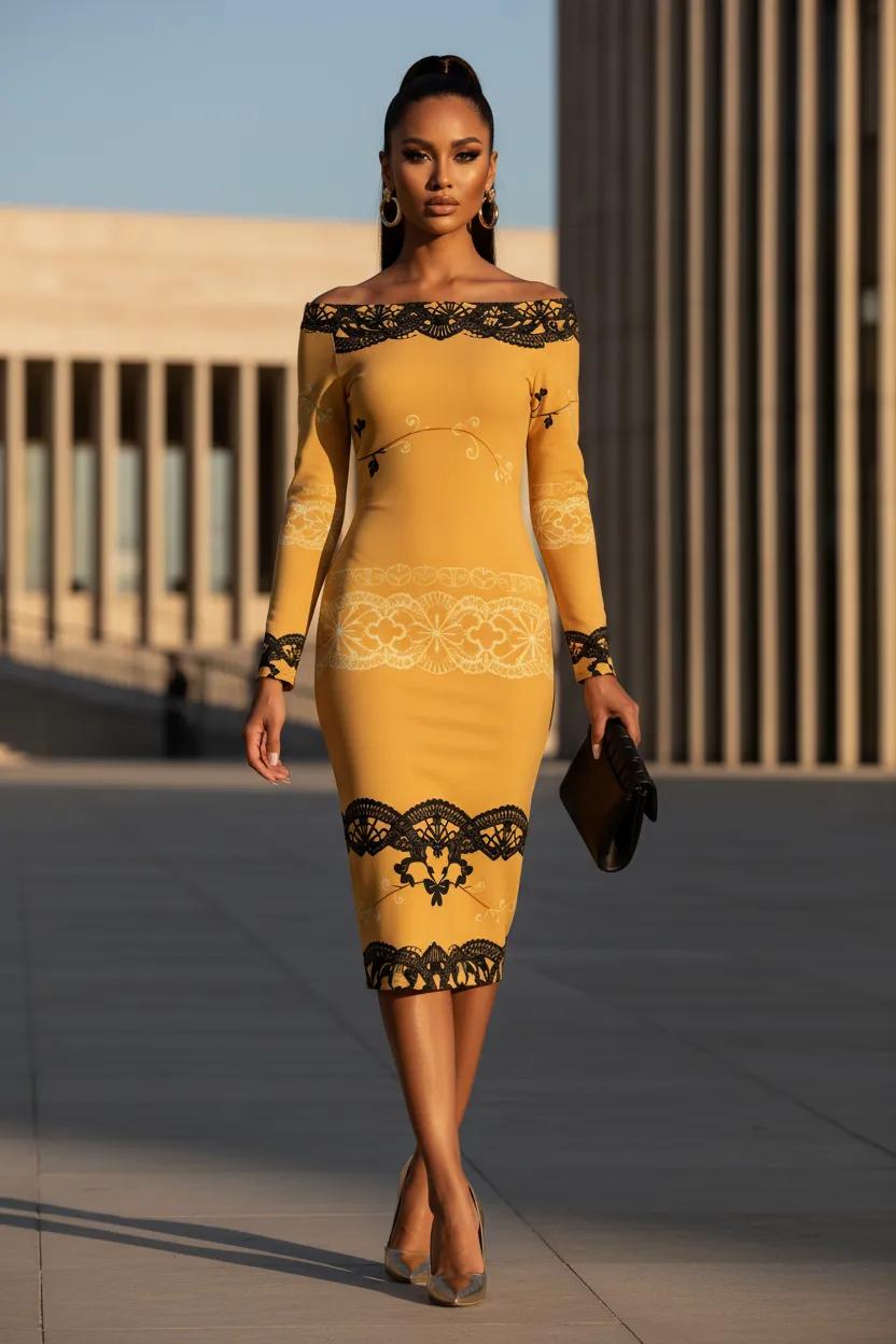 Angelic Blessings Shop luxury evening and bodycon dress in Golden Rod with black lace details