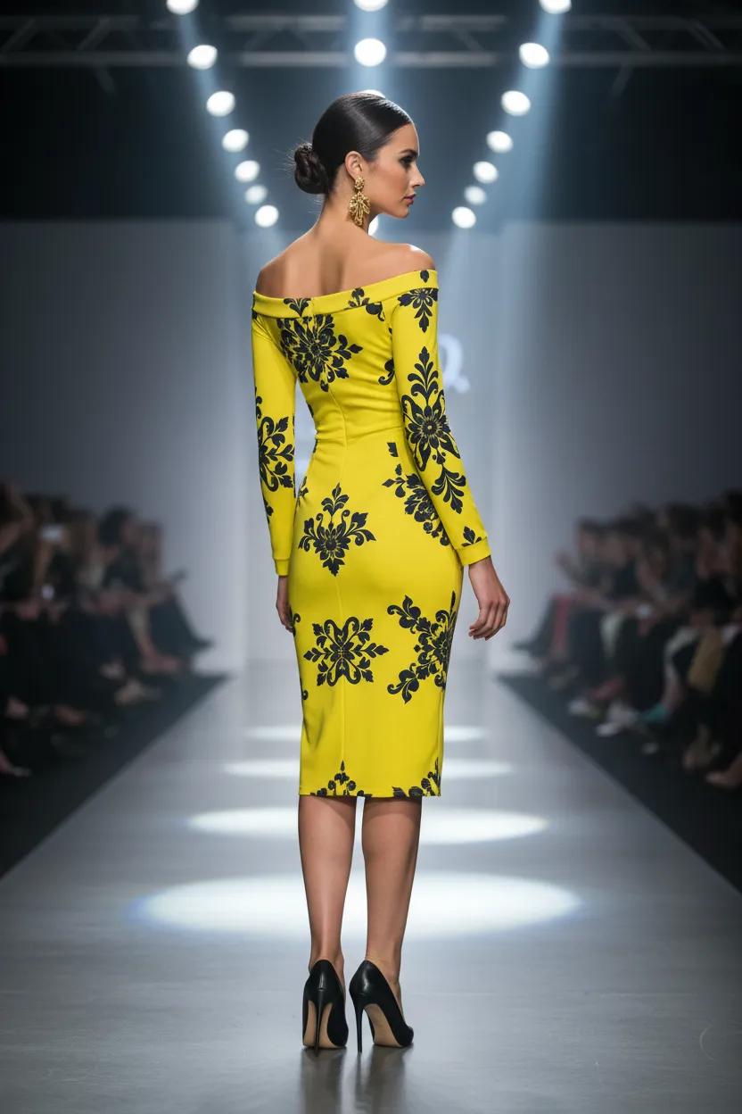 Yellow-Black Baroque Floral Dress Elegant Evening Outfit with Off Shoulder Design