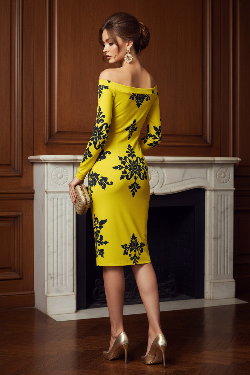 Yellow-Black Baroque floral dress elegant evening outfit with long sleeves and off shoulder