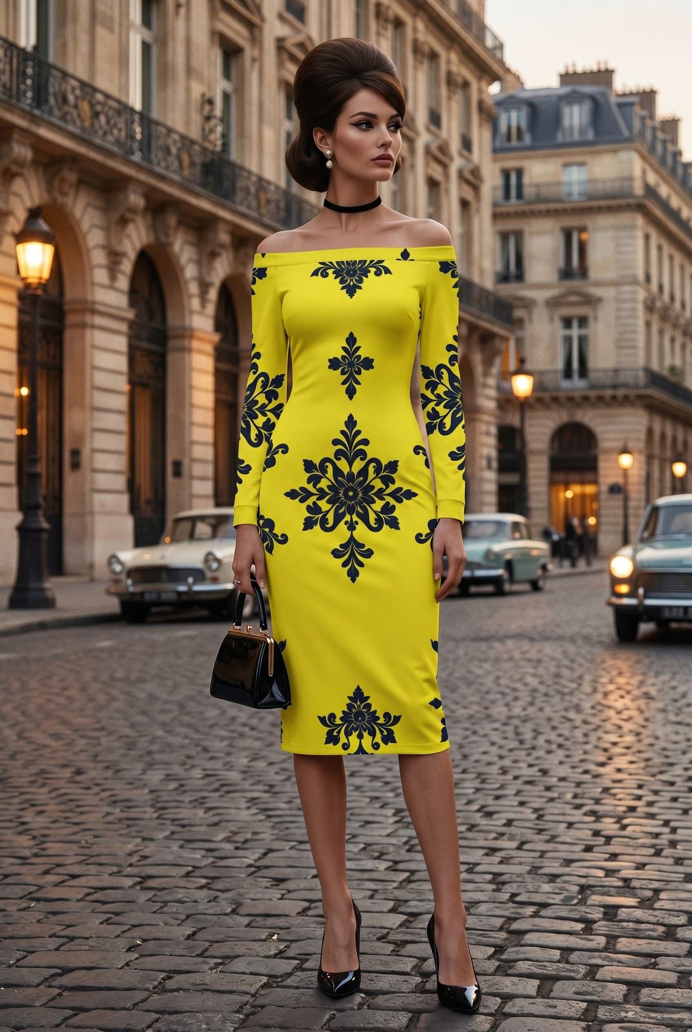 Yellow-Black Baroque floral dress Elegant evening outfit Stylish floral pattern
