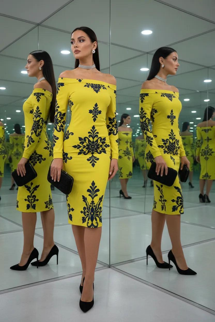 Yellow-Black Baroque Floral Dress Elegant Evening Outfit with Black Heels and Clutch