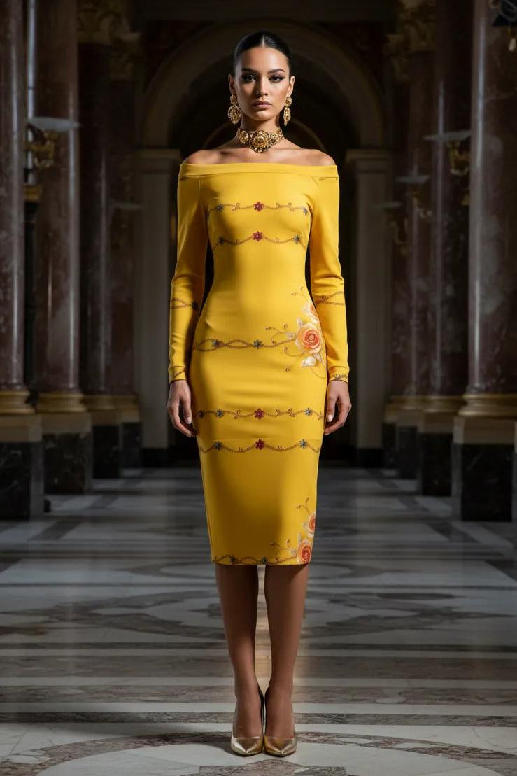 Yellow Rose Gold Baroque Off Shoulder bodycon dress elegant evening outfit midi length