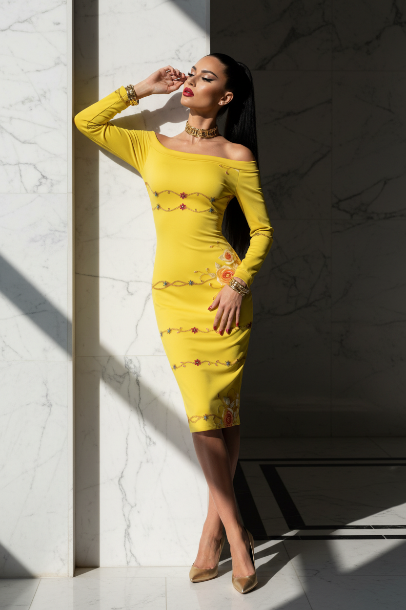 Elegant Off Shoulder Bodycon Midi Dress In Yellow Gold Baroque Print Fitted Long Sleeve Dress For Evening Events And Date Night Stylish Evening Outfit