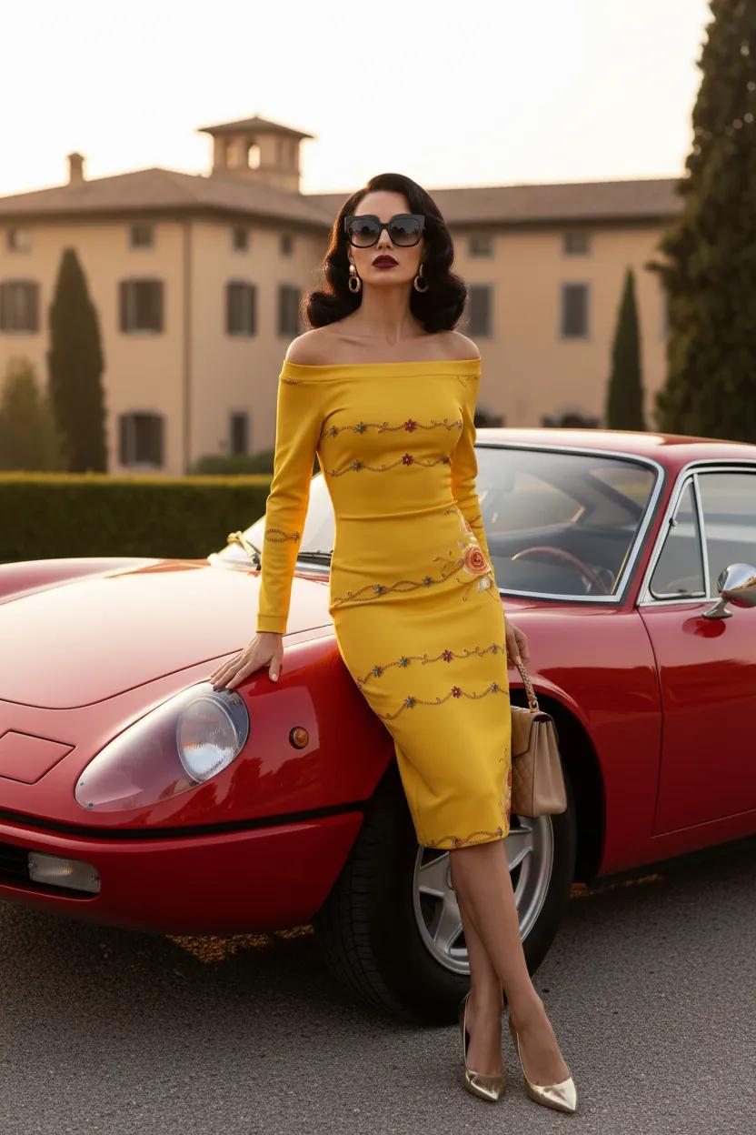 Yellow Rose Gold Baroque Off Shoulder Bodycon Dress Elegant Evening Outfit Style