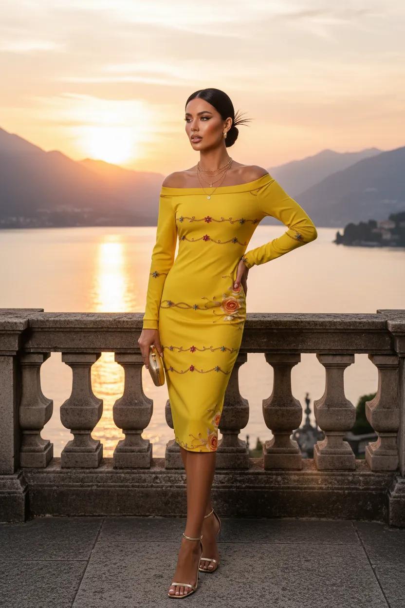 Yellow Rose Gold Baroque Off Shoulder bodycon dress Elegant Evening Outfit Sunset View